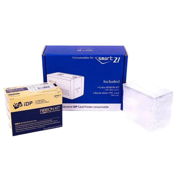 IDP Smart: Kit Consumible 653313RK (Ribbon YMCKO 100 Imp. + 100 Tarjetas PVC)