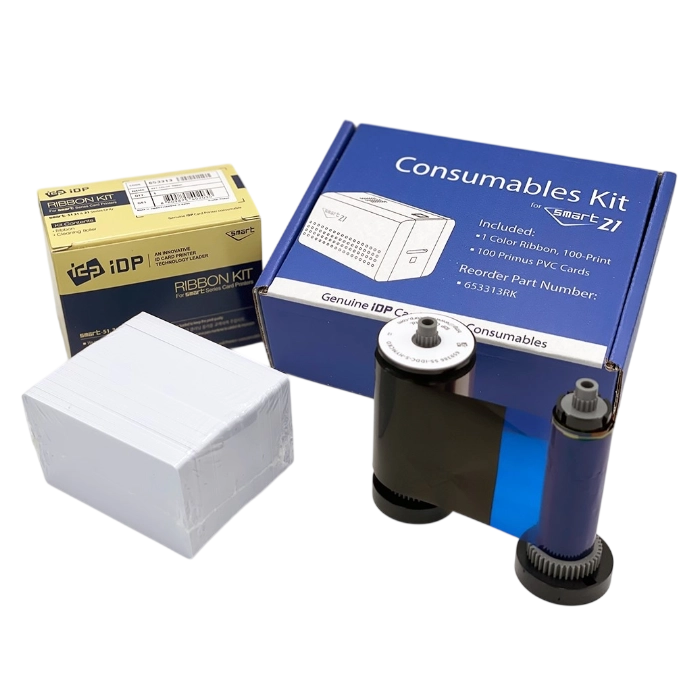 IDP Smart: Kit Consumible 653313RK (Ribbon YMCKO 100 Imp. + 100 Tarjetas PVC)